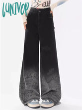 Lunivop Women’s Letter Graffiti Black Gradient Wide-Leg Jeans American Vintage Casual Denim